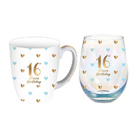 Landmark Sweethearts Birthday Stemless Wine Glass & Mug Gift Set 16th Happy Birthday SH035