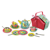 Kaper Kidz Pretend Play Toy Tin Tea Set in Picnic Basket 18-Piece Tiger, Eleganter CH41280B