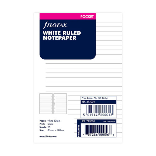 Undated Refill Filofax Ruled Paper Pocket White FF-213008