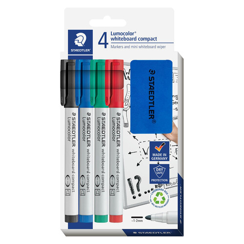 Staedtler Lumocolor Whiteboard Markers Compact Bullet Point 4 Pack Plus Mini Eraser