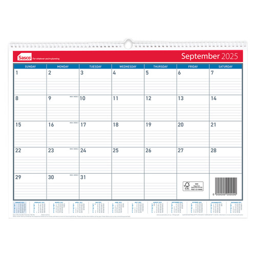 2025 Calendar Sasco Monthly Wall 530x395mm 1072025