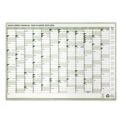 2025-2026 Financial Year Planner Sasco 500x700mm Yearly Wall Green 5622526