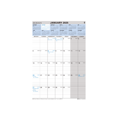 2025 Calendar Debden A4 Wiro Wall CE0011-25