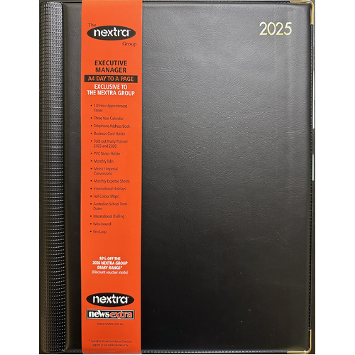 2025 Diary Nextra Executive A4 Day to Page Black NXA4D