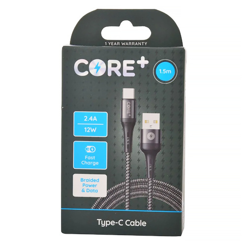 Core Plus Braided Cable 1.5m USB-A to Type-C, Gibson Gifts 26256