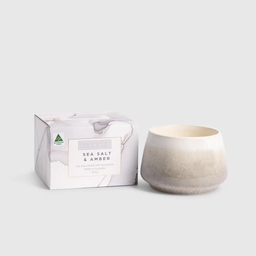 Vivante Ceramics Scented Candle 300g Soy Wax Sea Salt & Amber Pastel Pines VICANCERSEA