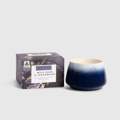 Vivante Ceramics Scented Candle 300g Soy Wax Wild Sage & Cedarwood Pastel Pines VICANCERWIL