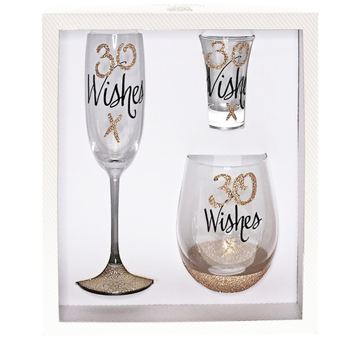 TSK Signature Series Glasses Set 30th Birthday Flute Shot Stemless Glass Rose Gold SSFPK009