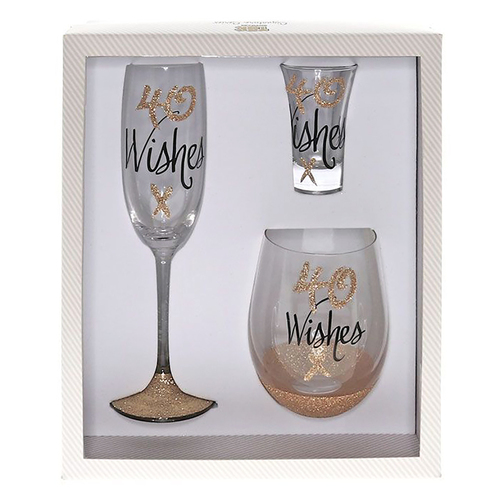 TSK Signature Series Glasses Set 40th Birthday Flute Shot Stemless Glass Rose Gold SSFPK010