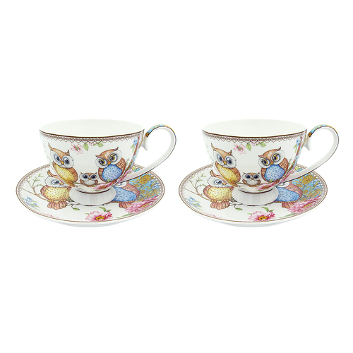 PNC Cups & Saucers Set 250mL Owls 4-Piece Fine Bone China CW889