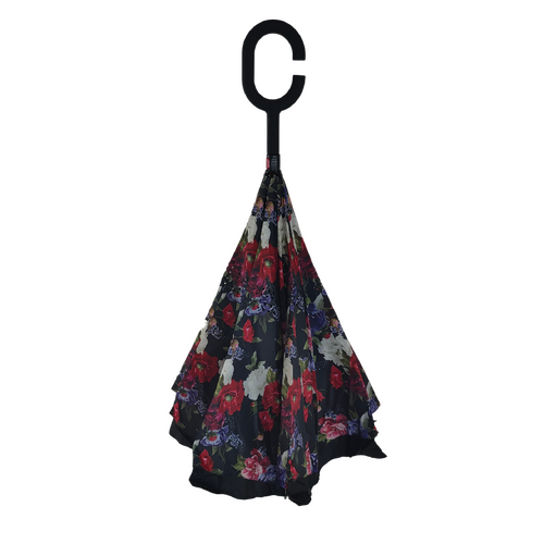 Artico Inverted Reverse Umbrella Windproof Double Layer C-Handle Bluhen Black Floral BH49