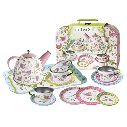 Kaper Kidz Pretend Play Toy Tin Tea Set in Suitcase 15-Piece Bird, Eleganter CH42006