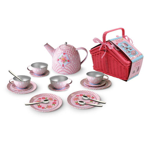 Kaper Kidz Pretend Play Toy Tin Tea Set in Picnic Basket 18-Piece Floral, Eleganter CH80407BH