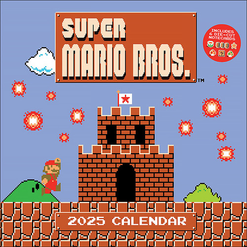 2025 Calendar Super Mario Bros 8-Bit Retro w/ Die-cut Notecards Square Wall Andrews McMeel AM74546